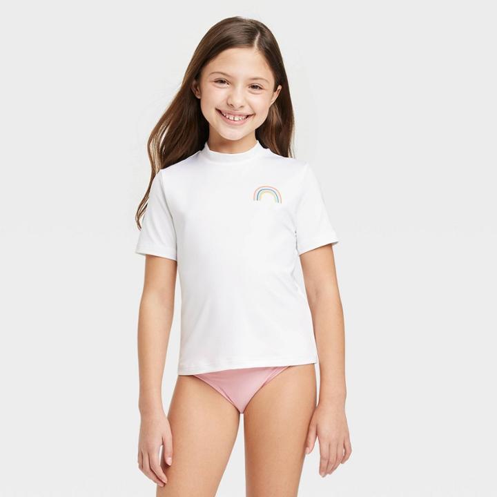Girls' Short Sleeve Rainbow Rash Guard Top - Cat & Jack White