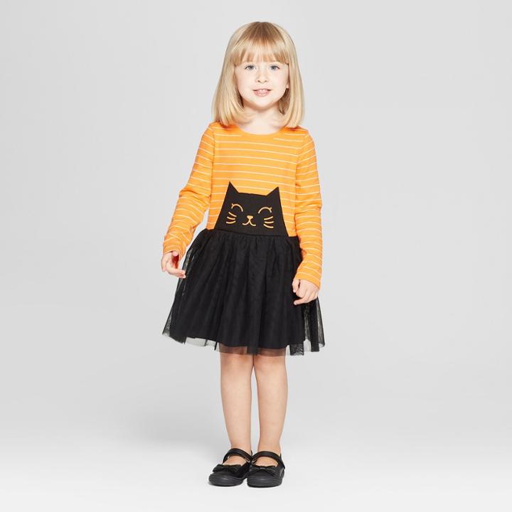 Toddler Girls' Long Sleeve Black Cat A-line Dress - Cat & Jack Black/orange