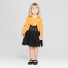 Toddler Girls' Long Sleeve Black Cat A-line Dress - Cat & Jack Black/orange