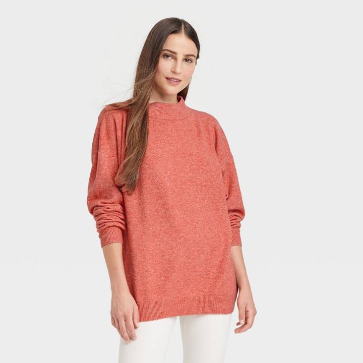 Women's Slouchy Mock Turtleneck Pullover Sweater - A New Day Coral