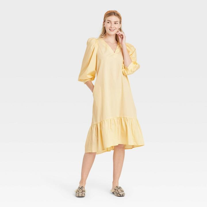 Women's Long Sleeve Ruffle Hem Dress - A New Day Light Yellow