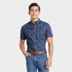 Men's Printed Slim Fit Stretch Poplin Short Sleeve Button-down Shirt - Goodfellow & Co Wild Blue