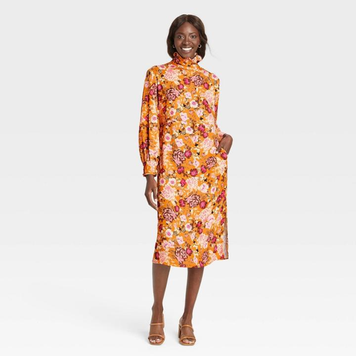 Women's Balloon Long Sleeve Dress - Who What Wear Orange Floral