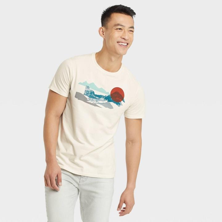 Men's Printed Short Sleeve Graphic T-shirt - Goodfellow & Co Ivory/sun