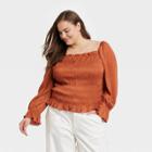 Women's Plus Size Puff Long Sleeve Slim Fit Smocked Top - A New Day Orange