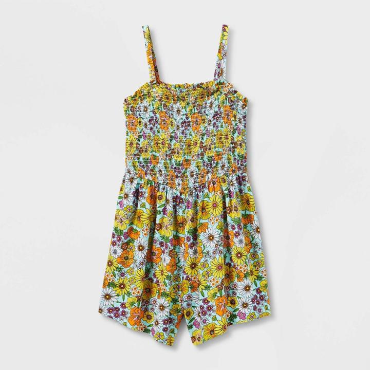 Girls' Smocked Romper - Art Class Aqua/orange Floral