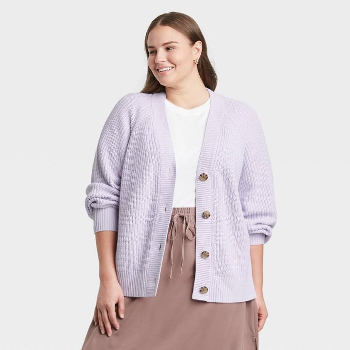 Women's Plus Size Button-front Cardigan - A New Day Light Purple