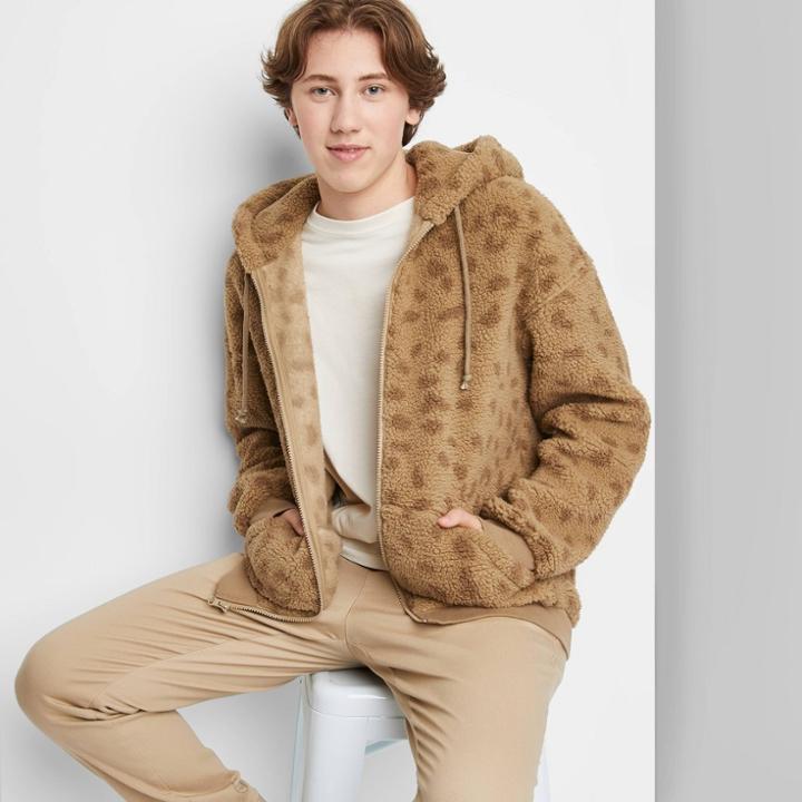 Men's Printed Regular Fit Zip-up Hooded Sweatshirt - Original Use Tan/cheetah