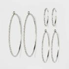 Trio Imitation Rhodium With Glass Crystal Rhinestone Hoop Earrings - Wild Fable White Crystal, Women's, Clear