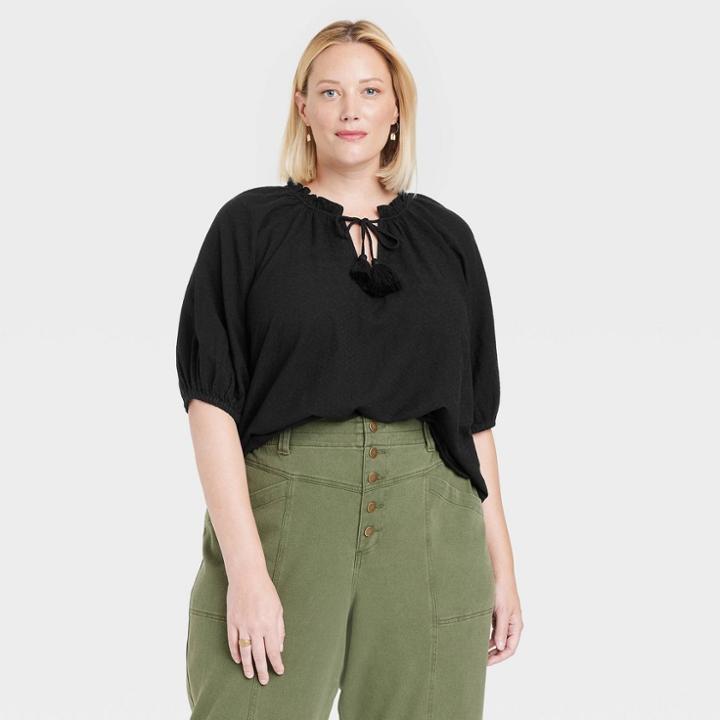 Women's Plus Size Puff Elbow Sleeve Top - Knox Rose Black