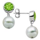Prime Art & Jewel Sterling Silver Genuine White Pearl And Genuine Bezel Set Peridot Post Earrings, Girl's,