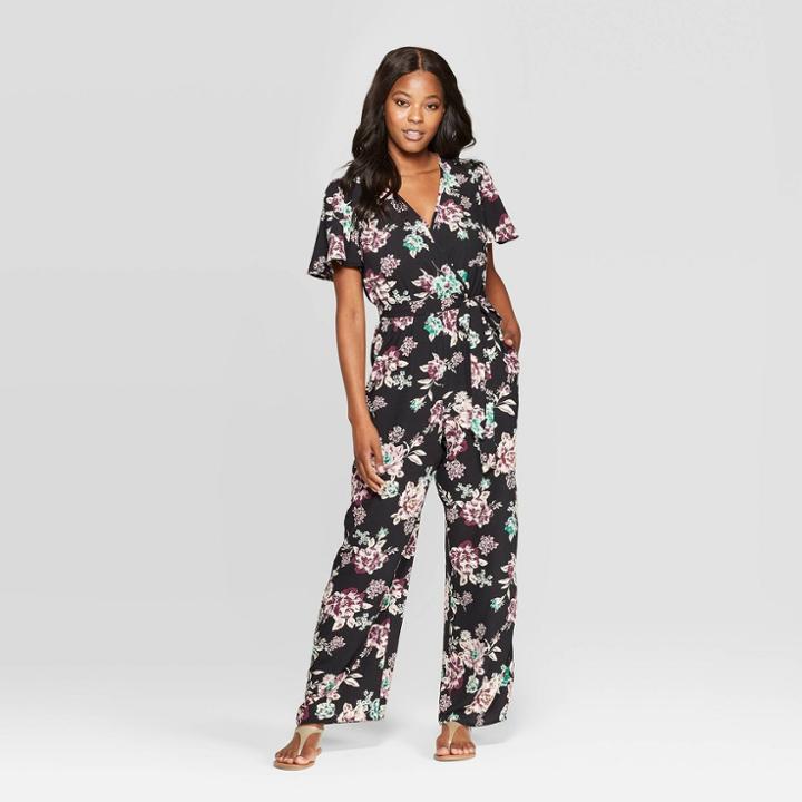 Women's Floral Print Short Sleeve Deep V-neck Wide Leg Wrap Jumpsuit - Xhilaration Black