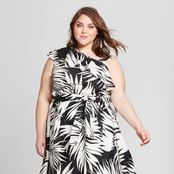 Women's Plus Size Palm Print Asymmetrical Ruffle Tank Top - Who What Wear Black/white X, Black/white Palm Print