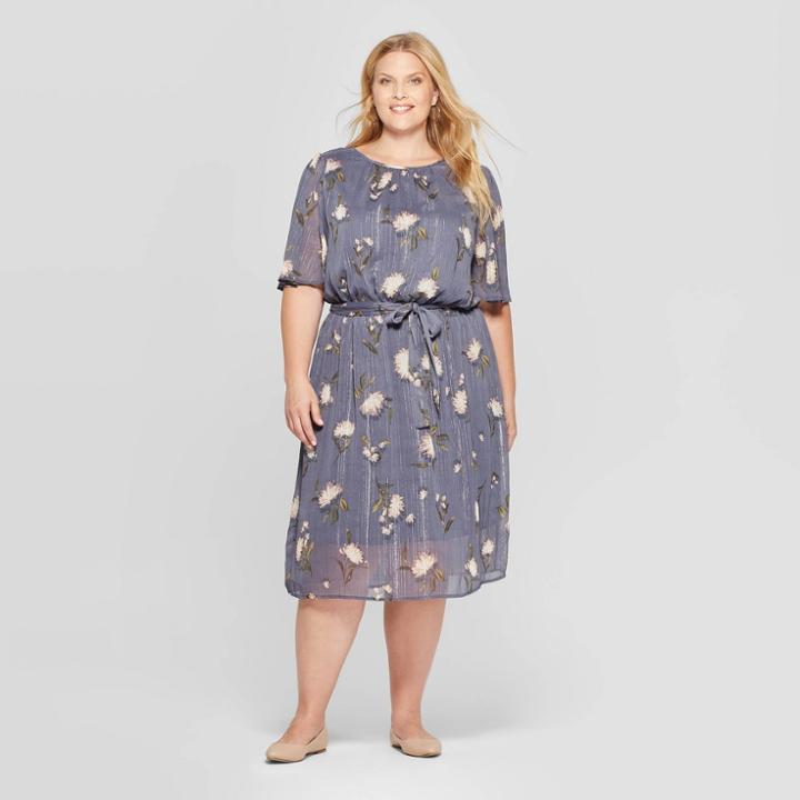 Women's Plus Size Floral Print Flutter Short Sleeve Scoop Neck Dress - Ava & Viv Blue X, Women's