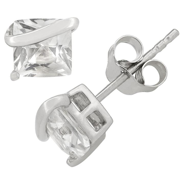 Tiara Princess-cut White Sapphire Stud Earrings In Sterling