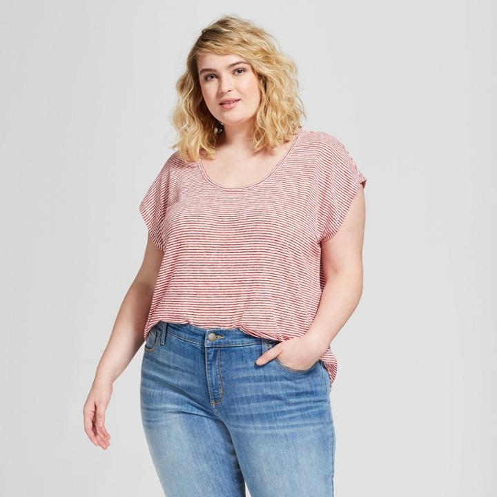 Women's Plus Size Textured Scoop Neck Stripe Short Sleeve T-shirt - Universal Thread Red