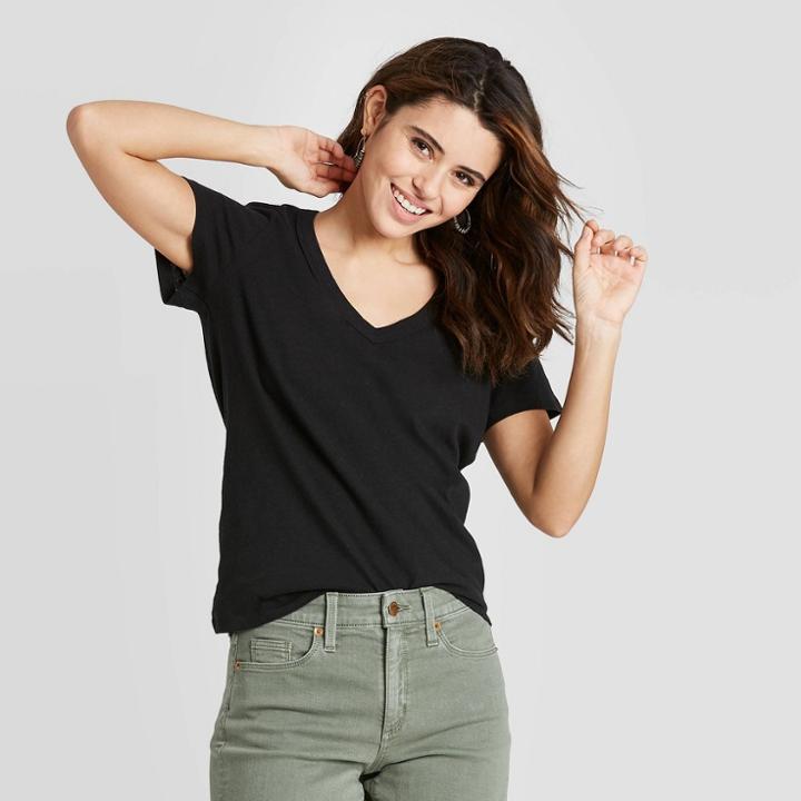 Women's Relaxed Fit Short Sleeve V-neck T-shirt - Universal Thread Black S, Women's,