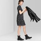 Women's Floral Print Puff Short Sleeve Round Neck Babydoll Mini Dress - Wild Fable Black