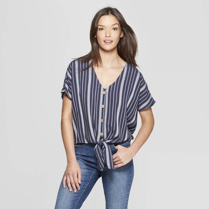 Women's Striped Short Sleeve Tie Front Top - Universal Thread Blue