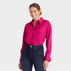 Women's Long Sleeve Satin Shirt - A New Day Dark Pink