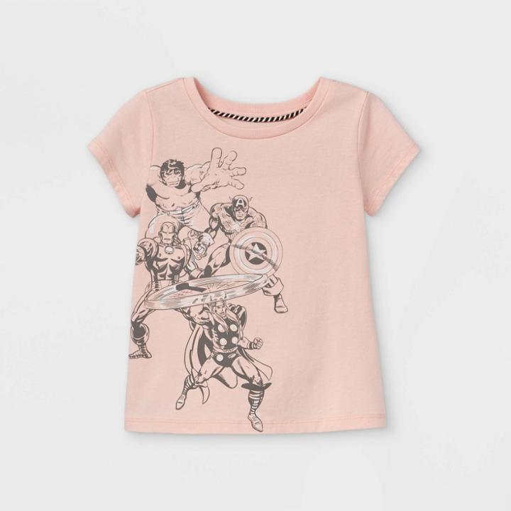 Toddler Girls' Marvel Team Cap Sleeve Graphic T-shirt - Peach Orange 2t - Disney