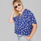 Women's Plus Size Floral Short Sleeve Cropped Button-down Shirt - Wild Fable Blue