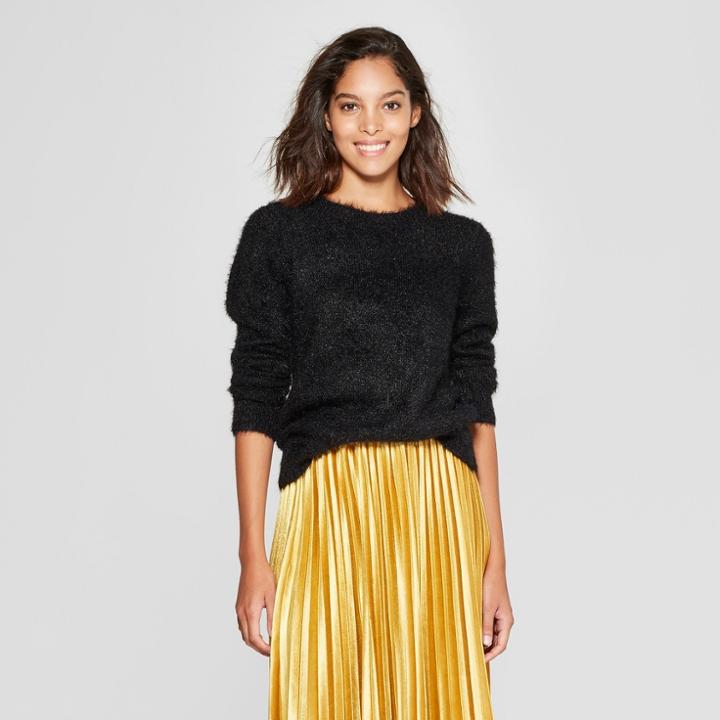 Women's Crewneck Eyelash Pullover Sweater - A New Day Black