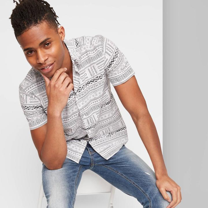 Men's Printed Short Sleeve Poplin Camp Button-down Shirt - Original Use Black/white
