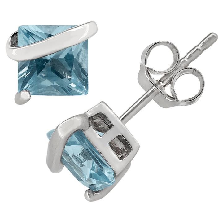 Tiara Princess-cut Blue Topaz Stud Earrings In Sterling Silver, Women's