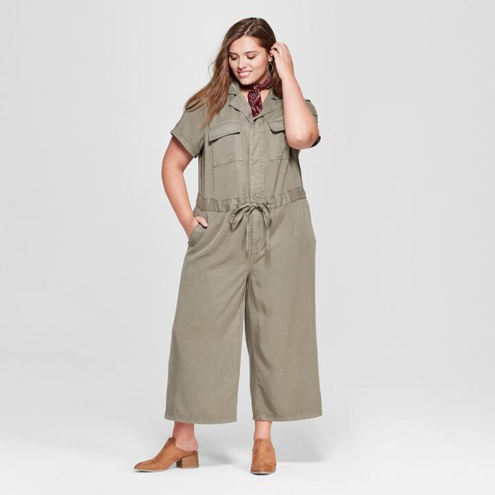 Women's Plus Size Short Sleeve Jumpsuit - Universal Thread Olive (green)