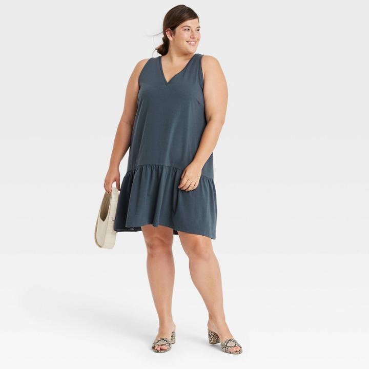 Women's Plus Size Sleeveless Ruffle Hem Knit Dress - A New Day Navy