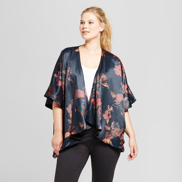 Women's Plus Size Watercolor Kimono - A New Day Black