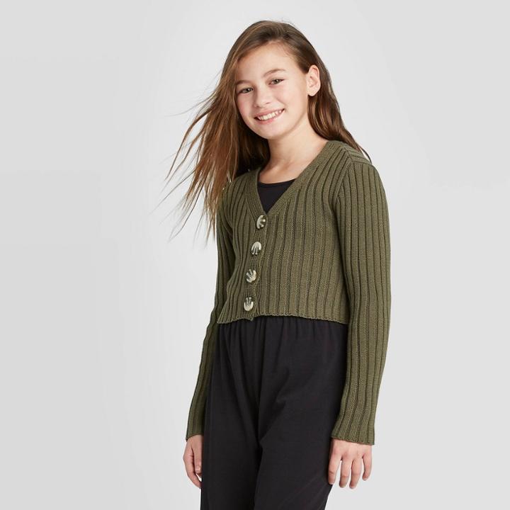 Girls' Cropped Button-front Cardigan - Art Class Green S, Girl's,