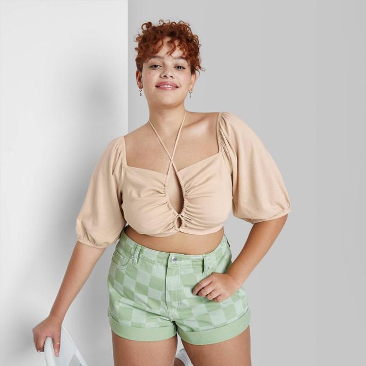 Women's Plus Size Puff Short Sleeve Woven Top - Wild Fable Light Taupe 1x,