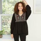 Women's Knit Back Long Sleeve Embroidered Blouse - Knox Rose Black