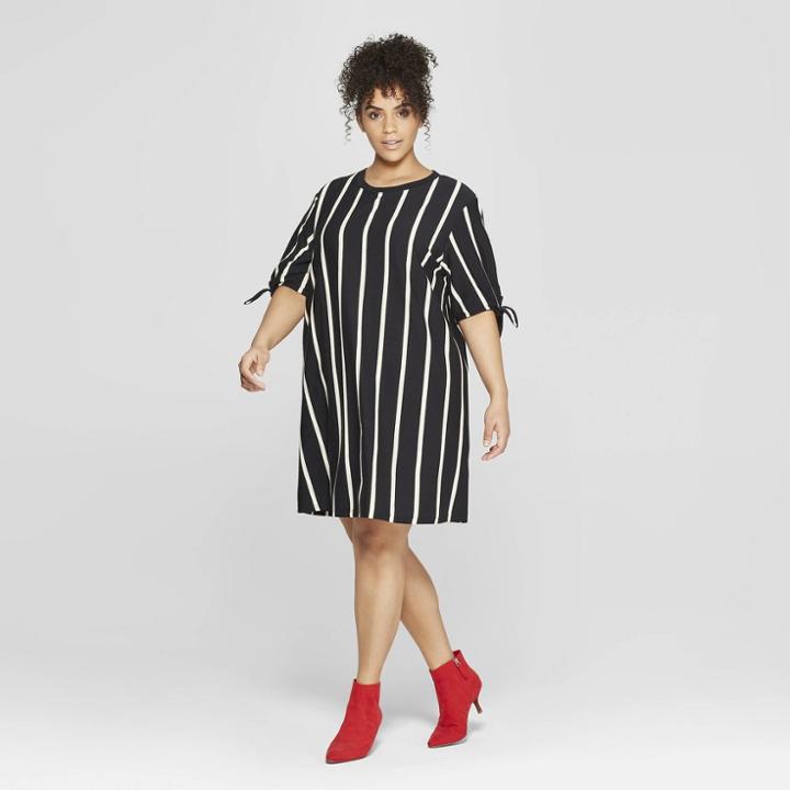 Women's Plus Size Striped Short Knotted Sleeve T-shirt Dress - Who What Wear Black/white