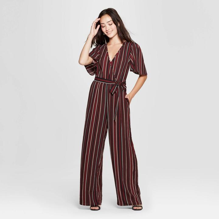 Women's Striped Short Sleeve V-neck Wrap Striped Jumpsuit - Xhilaration Burgundy (red)