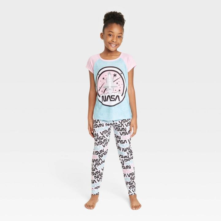 Girls' Nasa 2pc Short Sleeve Pajama Set - Pink/blue/white