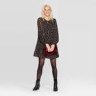 Women's Floral Print Bishop Long Sleeve Crewneck Pleated Shift Dress - A New Day Black
