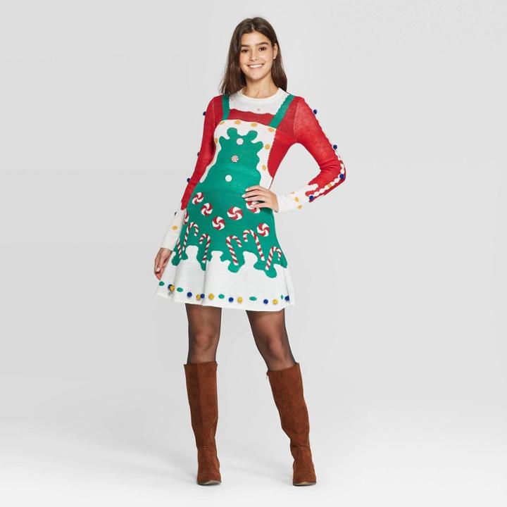 Women's Long Sleeve Candycane A-line Dress - Born Famous (juniors') - Green