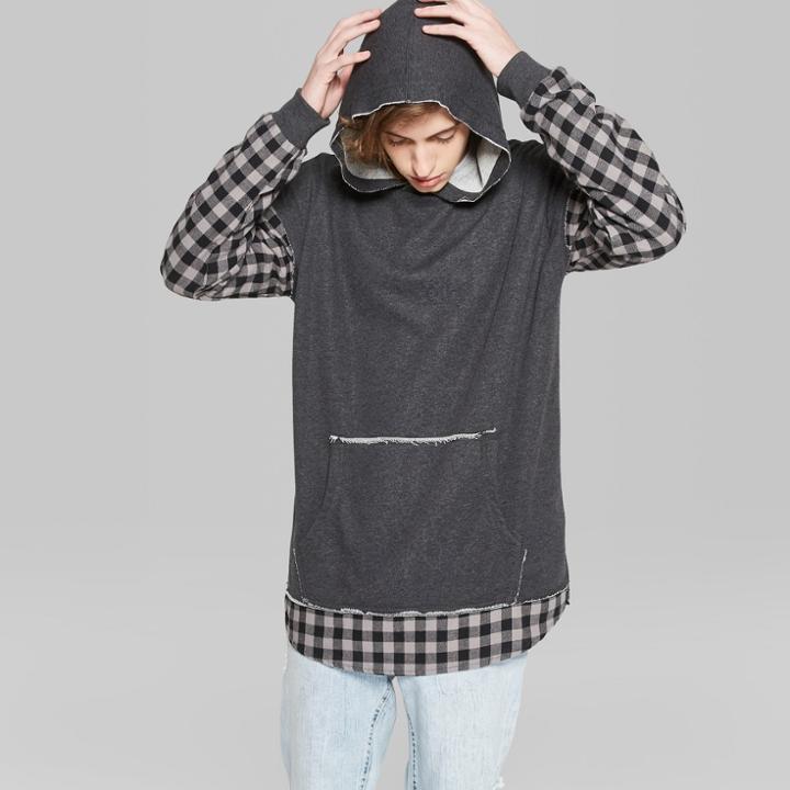 Men's Plaid Long Sleeve Mix Media Hooded Pullover Sweatshirt - Original Use Folkstone Gray