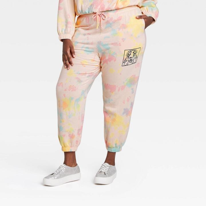 Women's Keith Haring Plus Size Tie-dye Graphic Jogger Pants - Pale Peach