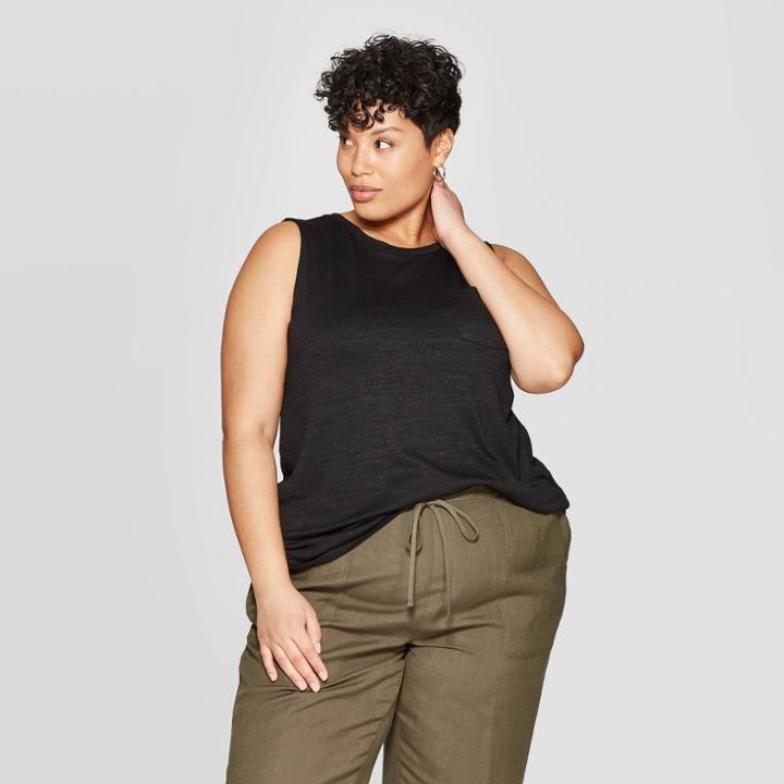 Women's Plus Size Crewneck Pocket Tank Top - Ava & Viv Black X