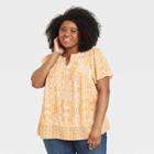 Women's Plus Size Printed Short Sleeve Embroidered V-neck Top - Knox Rose Yellow