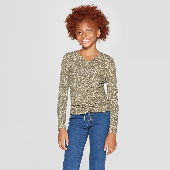 Girls' Ruched Floral Long Sleeve T-shirt - Art Class Green