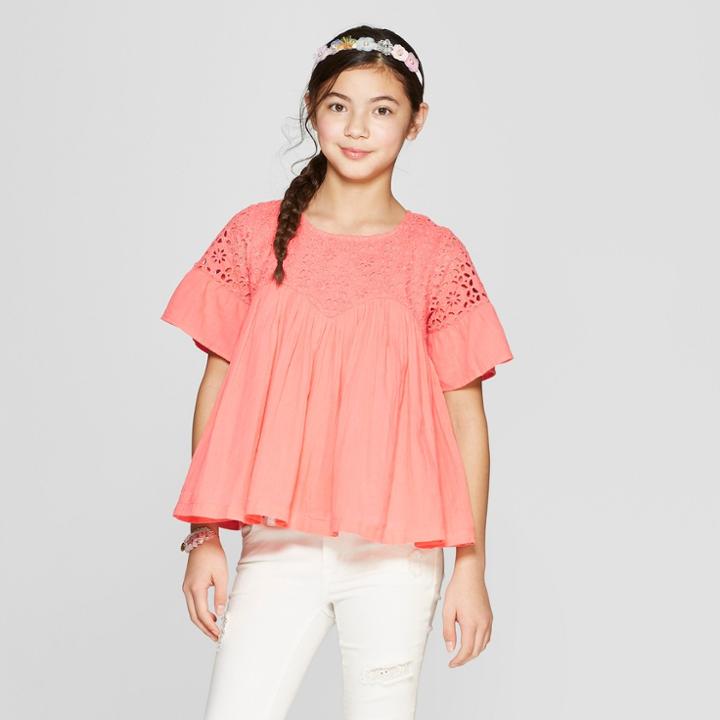 Girls' Embroidered Bell Sleeve Peasant Top - Cat & Jack Peach