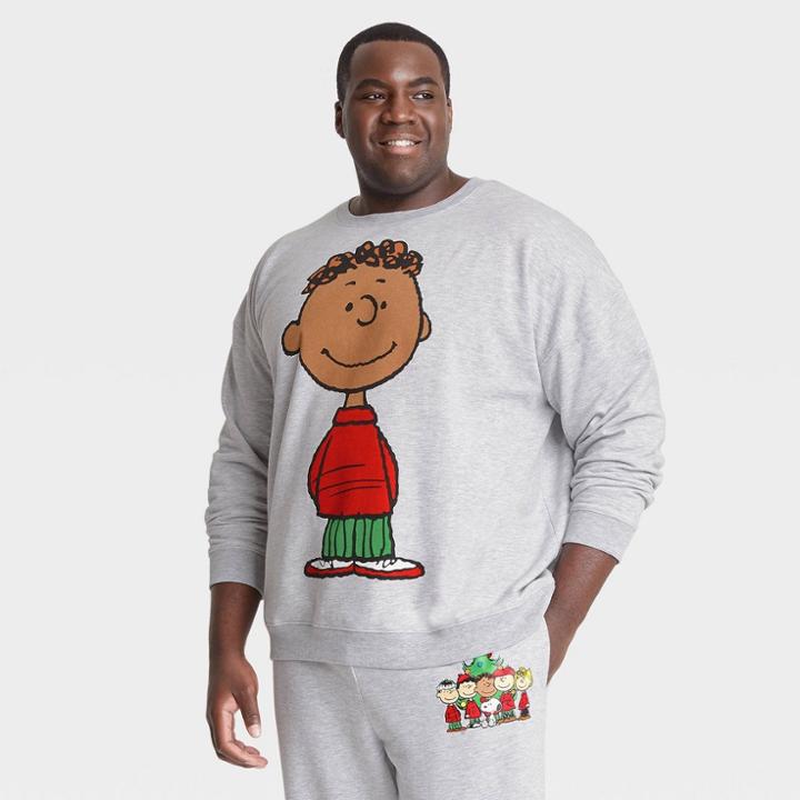 Men's Peanuts Plus Size Franklin Family Holiday Graphic Sweatshirt - Light Gray Wash