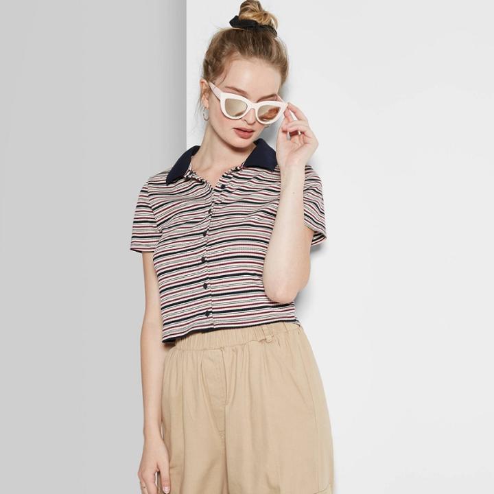 Women's Striped Short Sleeve Button Front Polo Shirt - Wild Fable Pink/navy Xxl,