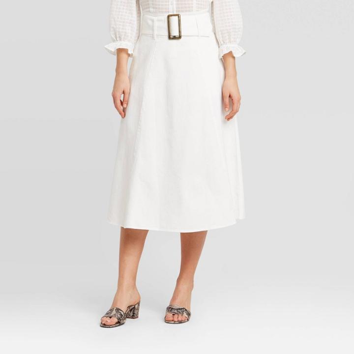 Women's Mid-rise Belted Swing A-line Midi Skirt - Who What Wear White