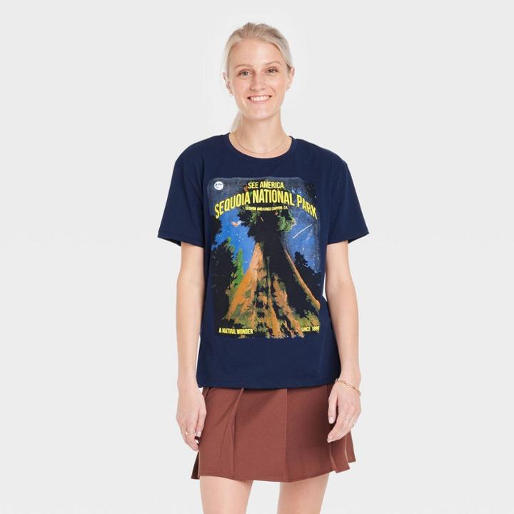 Modern Lux Women's Sequoia National Park Short Sleeve Graphic Boyfriend T-shirt - Blue